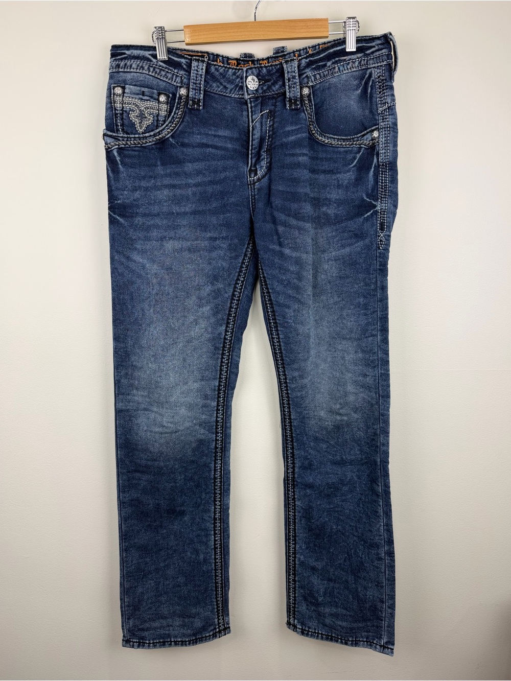Rock Revival Felex Jeans 34 Slim Straight Stretch Y2K Fleur de Lis